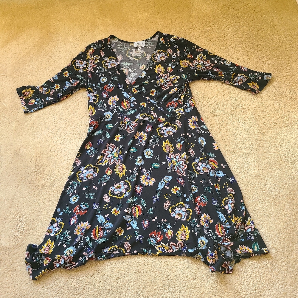 Leota Black Floral V-Neck A-Line Dress with Multicolor Print
